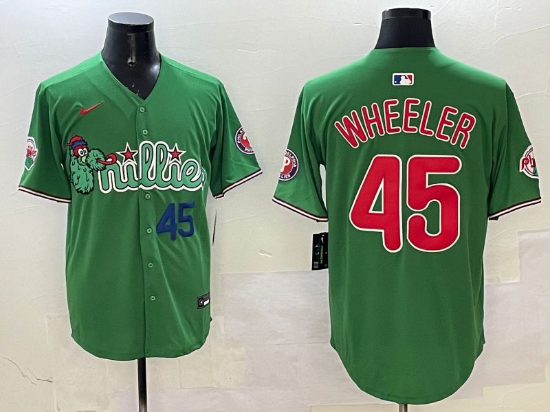 Men Philadelphia Phillies #45 Wheeler Green Three generations Joint Name Game 2025 Nike MLB Jersey style 3